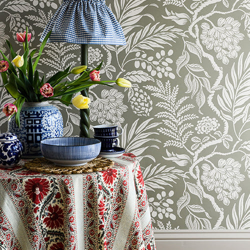 Cornucopia wallpaper, white on sage made in Sweden, rotary printed