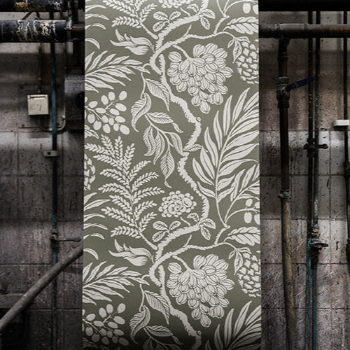 Cornucopia wallpaper, white on sage made in Sweden, rotary printe