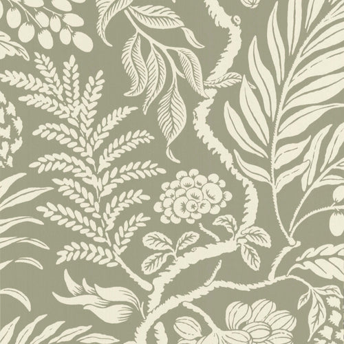 Cornucopia wallpaper, white on sage made in Sweden, rotary printe