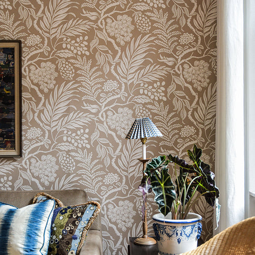 Cornucopia wallpaper, white on  Beige background made in Sweden, rotary printed