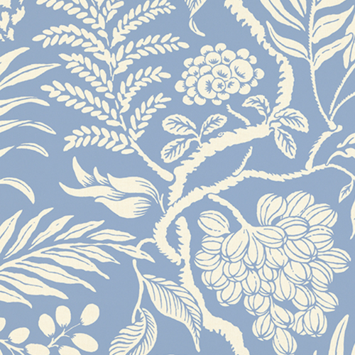 Cornucopia wallpaper, white on  Blue background made in Sweden, rotary printed