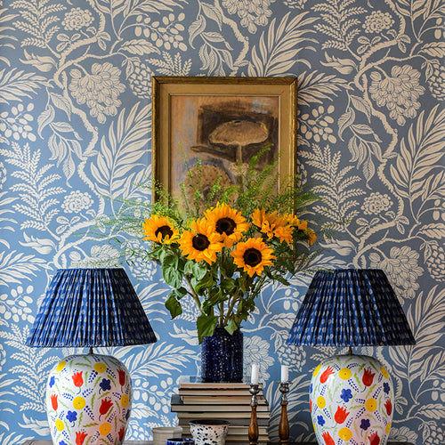 Cornucopia wallpaper, white on  Blue background made in Sweden, rotary printed