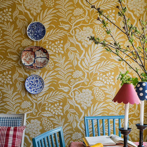 Cornucopia wallpaper, white on  yellow background made in Sweden, rotary printed