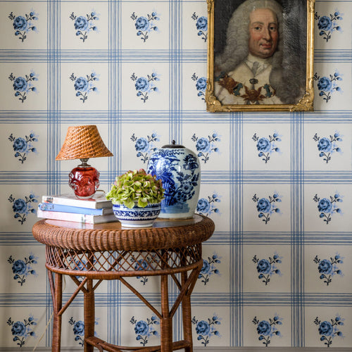 Rose wallpaper with striped pattern in blue, made in Sweden