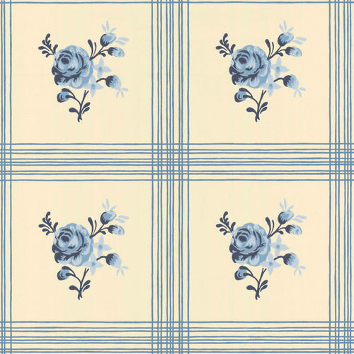 Rose wallpaper with striped pattern in blue, made in Sweden