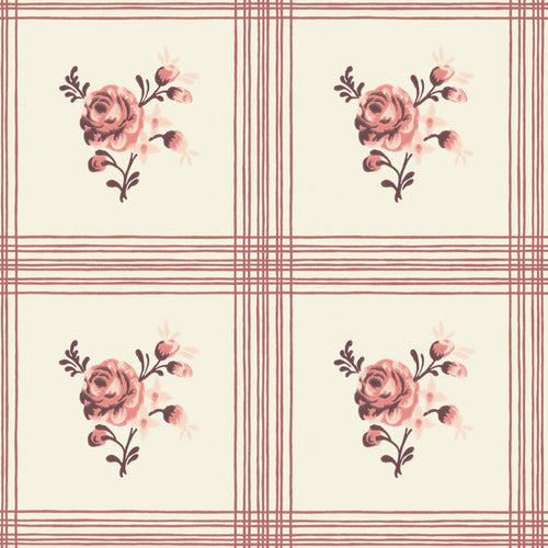 Traditional wallpaper printed on a rotary printer, rose flower within a box of stripes, several colors available, made in Sweden.