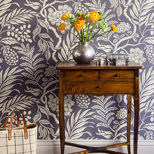 Cornucopia Wallpaper White on Grey Background, made in Sweden, rotary printed