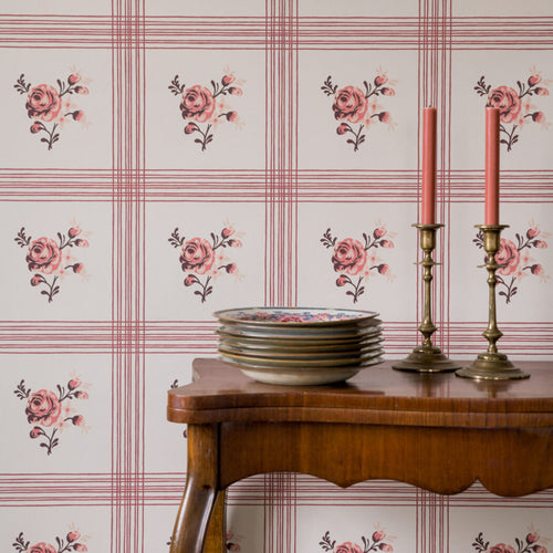 Traditional wallpaper printed on a rotary printer, rose flower within a box of stripes, several colors available, made in Sweden.