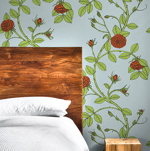 Red Flowers on Blue background wallpaper made in the USA, custom colors available