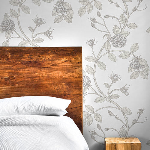 Grey Flowers on white background wallpaper made in the USA, custom colors available