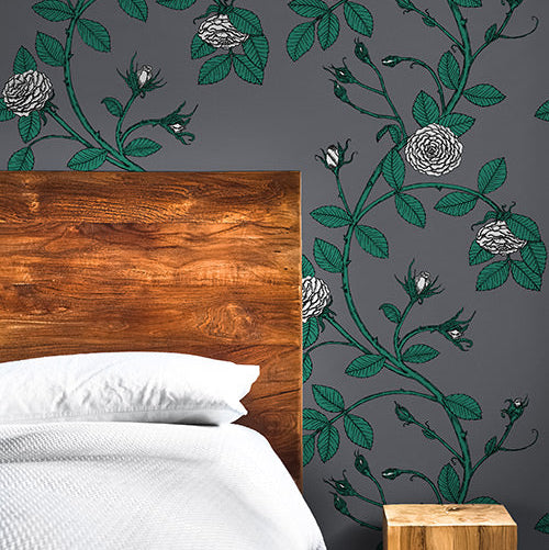 White Flowers on Grey  background wallpaper made in the USA, custom colors available