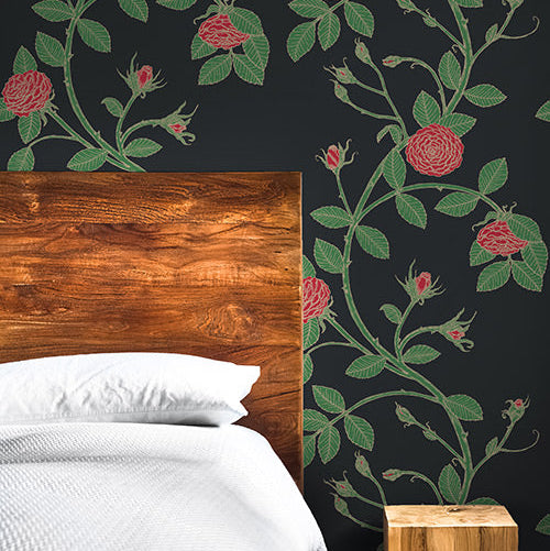 Red Flowers on Black  background wallpaper made in the USA, custom colors available