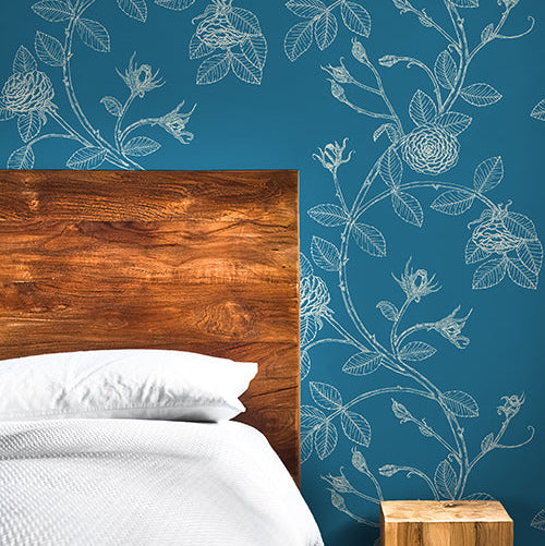 White Flowers on blue background wallpaper made in the USA, custom colors available